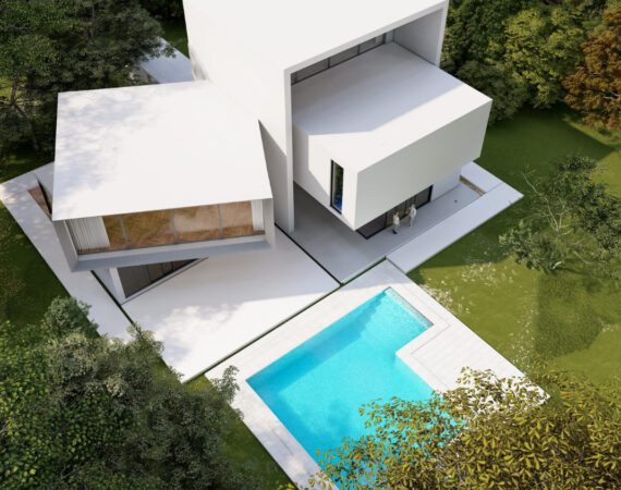 3d rendering big white modern house aerial view